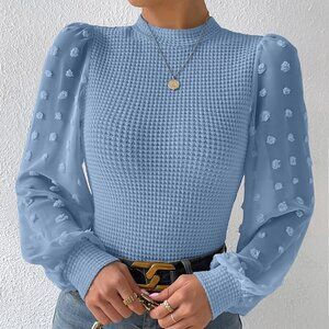Blue Elegant Women's Swiss Dot Lantern Sleeve Mock Neck Tee
